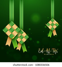 Eid-Al-FItr, celebration concept with hanging sweets on shiny green background. 