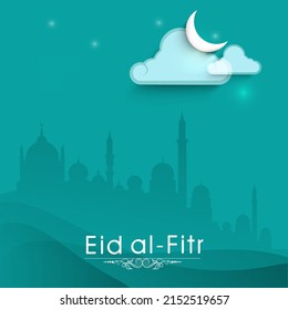 Eid-Al-Fitr Greeting Card With Crescent Moon, Clouds On Dark Cyan Silhouette Mosque Background.