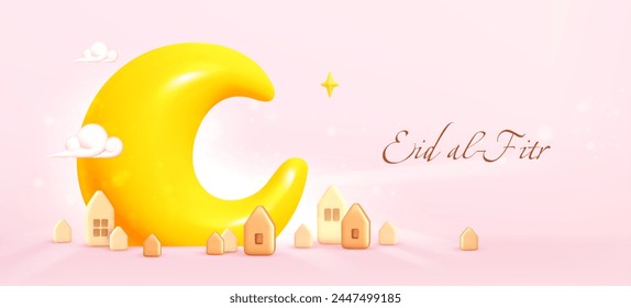 Eid-Al-Fitr greeting card. Holiday concept with scene 3d moon and decoration houses. Vector cartoon illustration with 3d elements on pink background