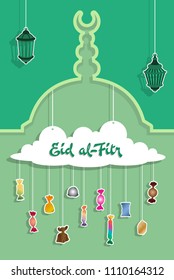 Eid-al-Fitr greeting with paper cut out candies. All the objects are in different layers  