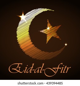 Eid-al-fitr Greeting vector postcard with a beautiful bright golden star and moon iridescent 