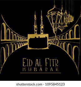 Eid-Al-Fitr hand drawn lantern and Kaaba on black background.