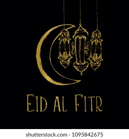 Eid-Al-Fitr hand drawn lantern and moon vintage Islamic greeting card design.