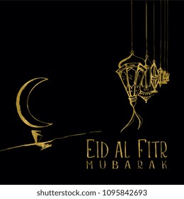 Eid-Al-Fitr hand drawn lantern and moon vintage Islamic greeting card design.