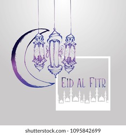 Eid-Al-Fitr hand drawn lantern and moon vintage Islamic greeting card design.