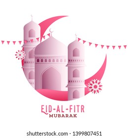 Eid-Al-Fitr Mubarak festival celebration. Illustration of pink mosque on white background for poster or banner design.