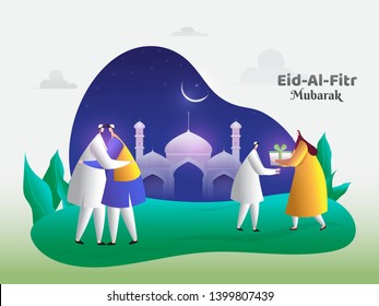 Eid-Al-Fitr Mubarak poster or banner design. Cartoon character of man and woman hugging each other on Eid Party.