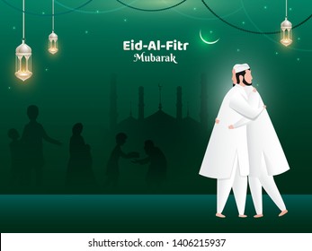 Eid-Al-Fitr Mubarak Poster Or Banner Design. Cartoon Character Of Men Hugging Each Other On Eid Party.