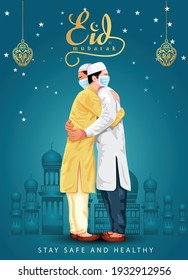 Eid-Al-Fitr Mubarak poster or banner design with illustration of young men hugging each other in occasion of Islamic Festival Eid Mubarak. corona virus, covid-19 concept	