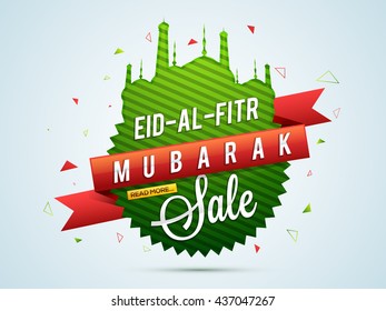 Eid-Al-Fitr Mubarak Sale, Sale Paper Tag, Paper Banner, Sale Ribbon, Sale Background, Creative illustration in Mosque shape for Muslim Community Festival celebration.