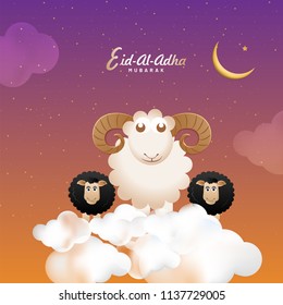 Eid-Al-Fitra, Islamic festival of sacrifice concept with sheep on clouds. 