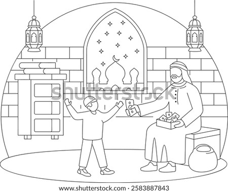 Eidi Money Generosity and Giving vector icon design, Ramadan and Eid al-Fitr Banner Muslim fasting month sketch, Arab Traditional Saudi Man wearing thawb and shemagh Cash Giving to Kids concept