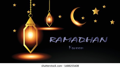 EIDMUBARAK, Eid al-Fitr, Ramadan Kareem of posters or invitations design with 3d paper cut islamic lanterns, stars and moon on gold and violet background. Vector illustration 
 design