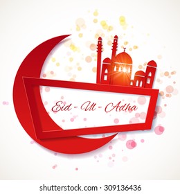 Eid-Ul-Adha banner. Muslim greetings background with paper moon and mosque. Vector illustration