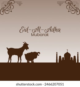 Eid-ul-Adha celebrations gift card and social media post design concept in Brown colour. Sheep, Goat, Mosque concept. Editable EPS file