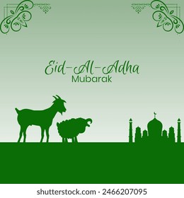 Eid-ul-Adha celebrations gift card and social media post design concept in Green colour. Sheep, Goat, Mosque concept. Editable EPS file