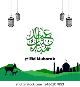 Concepto de Tarjeta de regalo y diseño de publicaciones en medios sociales en colores Verde y Azul Oscuro para celebraciones de Eid-ul-Adha. Linternas, Cabra, Ovejas, Concepto de mezquita. Archivo EPS editable. Eid-ul-Adha Mubarak