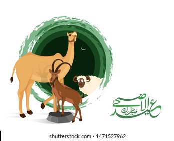 Eid-Ul-Adha festival celebration poster or banner design with animal character of camel, goat and sheep on abstract background.