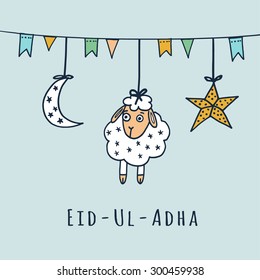 Eid-ul-adha greeting card with sheep, moon, star and flags, muslim community festival of sacrifice