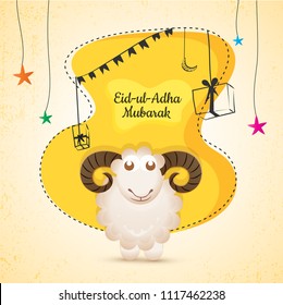 Eid-Ul-Adha, Islamic festival of sacrifice with illustration of sheep, and line-art illustration of gift boxes, and stars on yellow and beige background.