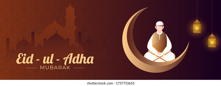 Eid-Ul-Adha Mubarak Concept with 3D Crescent Moon, Hanging Illuminated Lanterns and Muslim Man Reading Quran on Brown and Purple Islamic Pattern Background.