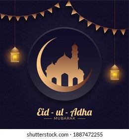 Eid-Ul-Adha Mubarak Concept with Bronze Crescent Moon, Mosque, Hanging Illuminated Lanterns and Bunting Flags on Blue Arabic Pattern Background.