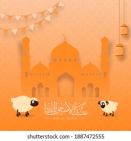 Eid-Ul-Adha Mubarak Concept with Two Cartoon Sheep, Hanging Lanterns and Paper Cut Mosque on Orange Arabic Pattern Background.
