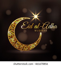 Eid-ul-adha mubarak (Feast of the Sacrifice) Golden dotted design decorated crescent moon and glowing Arabic Islamic calligraphy of text Eid Mubarak on brown background. Vector illustration. EPS 10