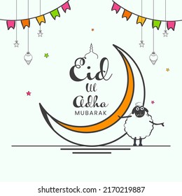 Eid-Ul-Adha Mubarak Font With Doodle Crescent Moon, Cartoon Sheep, Lanterns, Stars Hang And Bunting Flags On White Background.