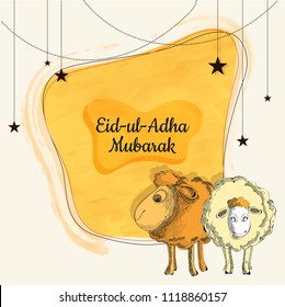 Eid-Ul-Adha Mubarak, Islamic festival of sacrifice with illustration of sheeps, hanging stars on yellow background. Greeting card design.