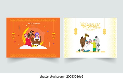 Eid-Ul-Adha Mubarak Poster Design With Muslim People Caressing Animals In Two Color Options.