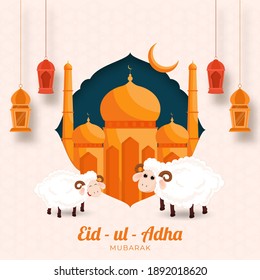 Eid-Ul-Adha Mubarak Poster Design with Two Cartoon Sheep, Mosque, Crescent Moon and Hanging Lanterns Decorated on Pastel Pink Arabic Pattern Background.