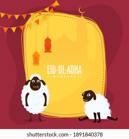 Eid-Ul-Adha Mubarak Text with Two Cartoon Sheep, Hanging Lanterns and Yellow Silhouette Mosque on Red Background.