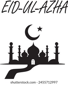 EID-UL-AZHA minimal vector card . A mosque a moon with black color in this card . 
Eid gritting card .  
