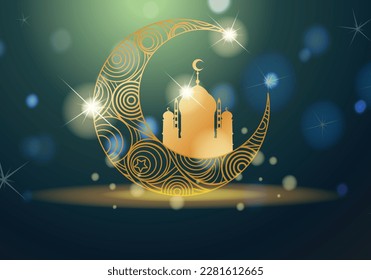 Eid-ul-fitr Mubarak Islamic crescent moon and Arabic calligraphy vector art in