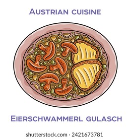 Eierschwammerl Gulash is a traditional Austrian dish made with chanterelle mushrooms, onions, garlic, paprika, and sour cream