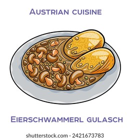 Eierschwammerl Gulash is a traditional Austrian dish made with chanterelle mushrooms, onions, garlic, paprika, and sour cream