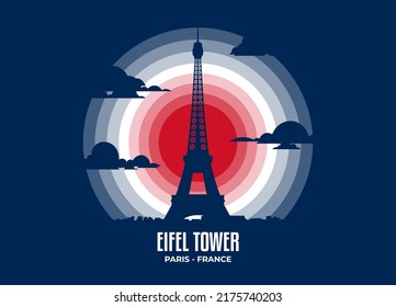 Eifel tower building silhouette in moonlight illustration. Color tone based on official country flag. Vector eps 10.