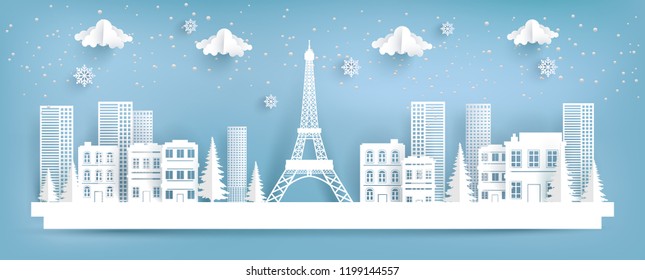 eifel tower and city in winter. paper art design.