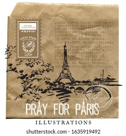 The Eifel Tower. Hand drawn vector illustration of Paris made in vintage style. Cardboard background. Retro style textures. Ink drawing. Scrapbooking. Paris wine and romance.