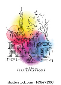 The Eifel Tower.Hand drawn vector illustration of Paris made in vintage style. Bright watercolor background. Isolated watercolor spot. Yellow, pink, red waterclor spots. 