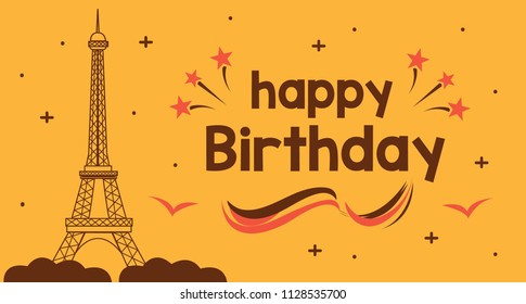 eiffel Happy birthday Combination Creative Design, Orange Background Vector Art Illustration.