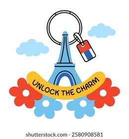 Eiffel keychain with unlock the charm text, flat sticker 
