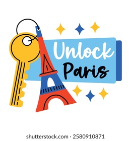 Eiffel keychain with unlock paris text, flat sticker 
