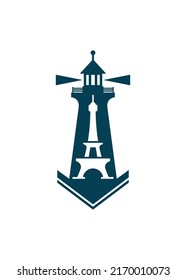 eiffel lighthouse mercury tower logo design template with down arrow like a anchor shape. 