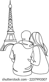 Eiffel line illustration, valentine and holiday, france sign, vector graphics, a linear on a white background, Paris and love couple