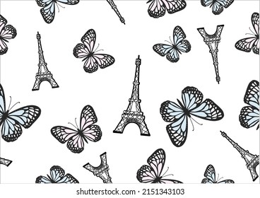 eiffel paris Seamless daisy and butterfly pattern repeating texture background design for fashion graphics, textile prints, fabrics, wallpapers.