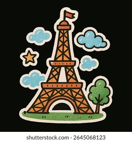 eiffel, paris, tower, cute, fun, art, kids, sketch, doodle, cloud, tree, flag, star, france, icon, travel, cartoon, hand, draw, sticker, line, famous, city, landmark, simple