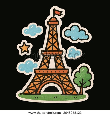 eiffel, paris, tower, cute, fun, art, kids, sketch, doodle, cloud, tree, flag, star, france, icon, travel, cartoon, hand, draw, sticker, line, famous, city, landmark, simple