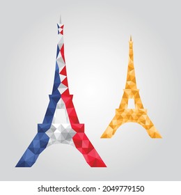 Eiffel in polygonal low poly. Eiffel in france color polygon. Gold eiffel low poly